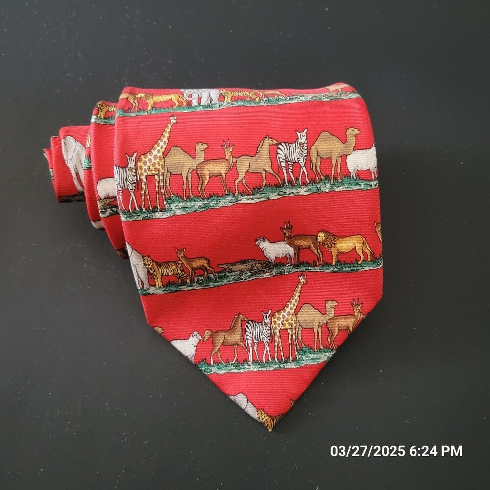 Allyn Neckwear Mens Tie Red Background Safari Pattern Silk Vintage USA
